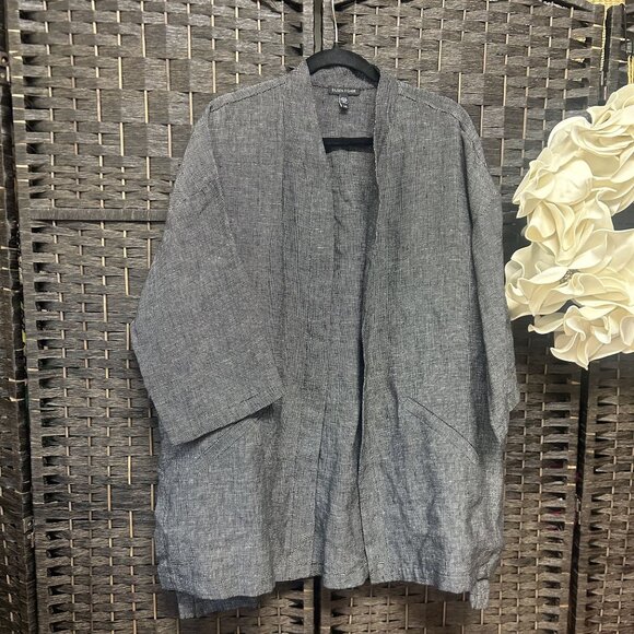 Eileen Fisher Oversized Gray Black Long Sleeve Open Front Jacket Size Large - Picture 2 of 7
